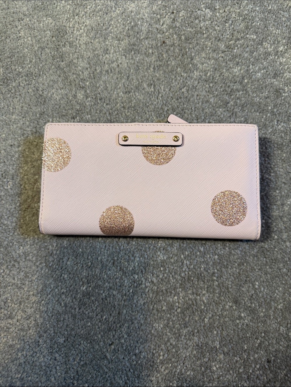 kate spade blush pink wallet with gold glitter polka dots